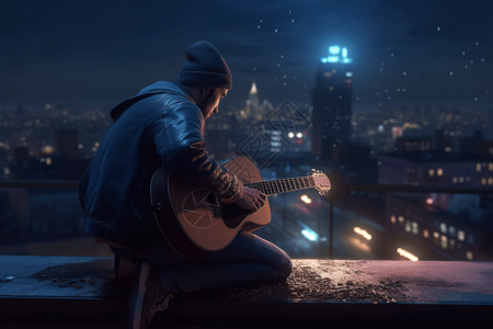 在城市夜景下弹着吉他图片