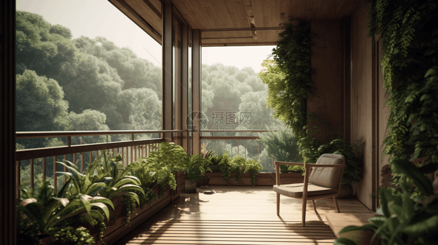 带绿色植物的宁静阳台图片