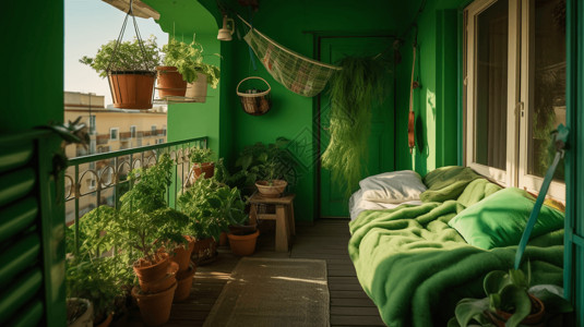 晾衣绳绿色的阳台和植物装饰设计图片