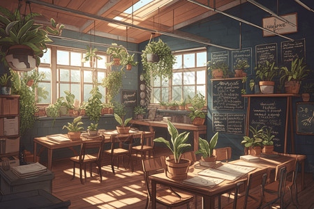 充满植物和自然光的教室背景图片