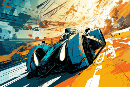 爆炸动态光效赛车加速行驶的动态动作场景插画