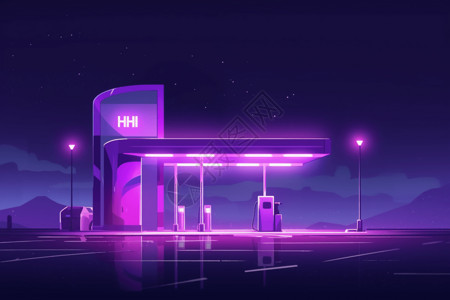 加油站夜景夜晚的加油站插画
