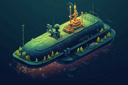 乘坐潜艇去深海探索海洋深处的氢动力潜艇插画