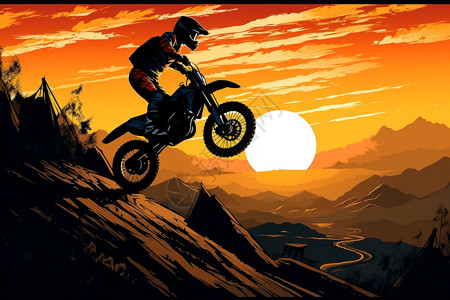 自由式越野摩托车骑手从坡道上出发插画
