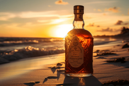 一瓶朗姆酒在白色沙滩上背景图片