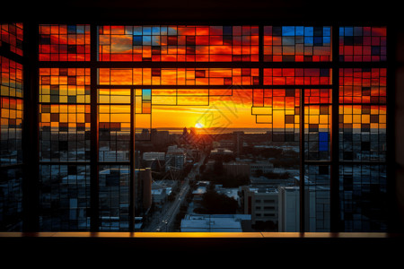 玻璃钢铁窗外的夕阳图片