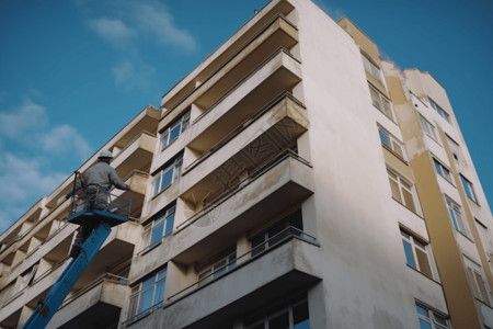 高空外墙清洗检查外墙的建筑工人背景