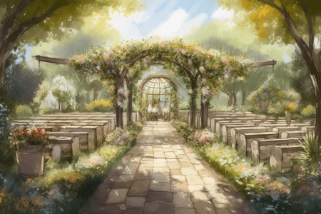 花园中的婚礼背景图片
