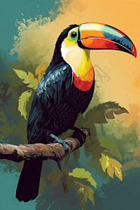 一只巨嘴鸟树枝上的彩色巨嘴鸟插画