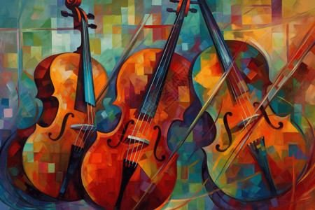 交响乐背景三把彩色的小提琴插画