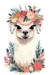 可爱的羊驼带花冠的友好美洲驼插画