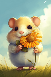可爱黄色小老鼠咬着向日葵的仓鼠插画