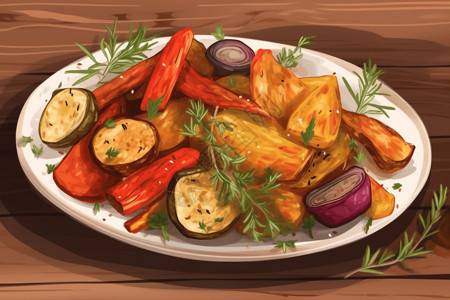 小木桌盘子里的烤蔬菜和香草插画