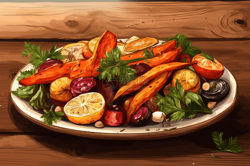 木桌盘子里的烤蔬菜图片