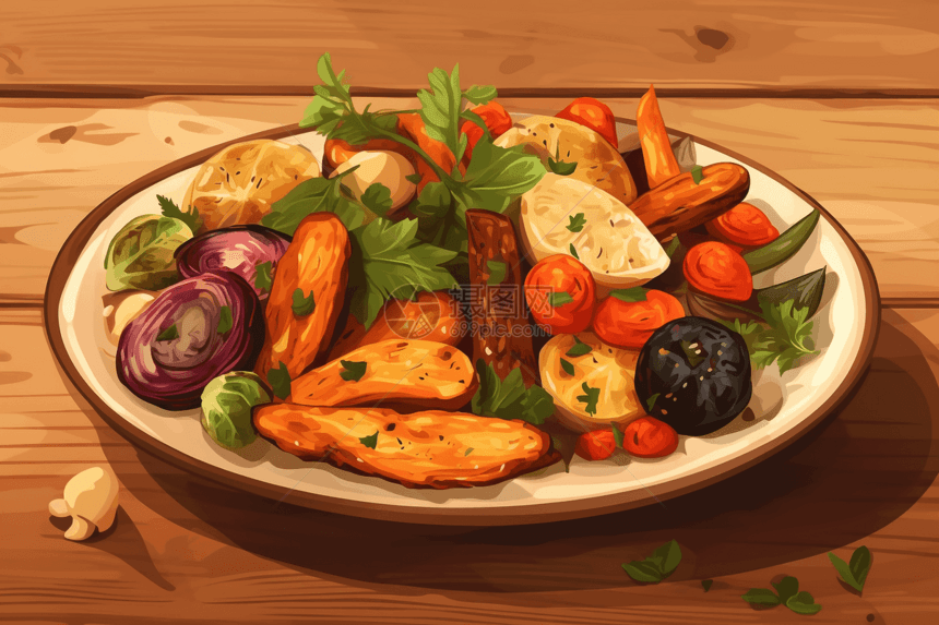 木桌里的烤蔬菜和香料图片