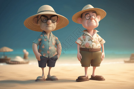 沙滩老人沙滩装中的卡通人插图插画