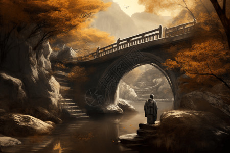 山涧石桥绘画插图背景图片
