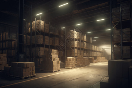 堆满货物低角度的仓库内部设计图片