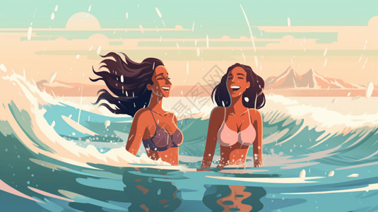 在海里游泳的两个女人图片