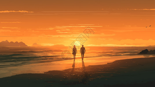 一对夫妇日落在沙滩上行走的夫妇插画插画