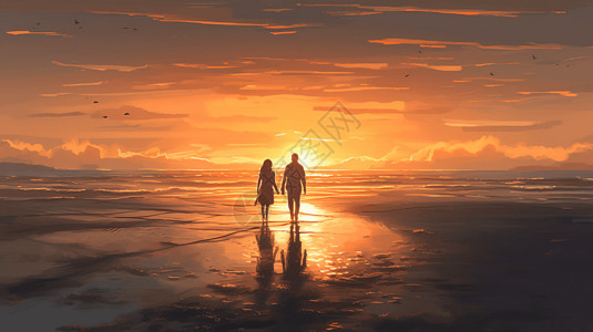 在沙滩上行走的夫妇背景图片