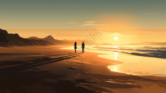 夫妇散步在沙滩上散步的夫妇插画