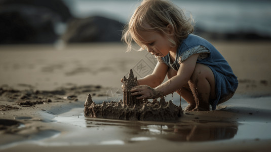 可爱的孩子在水边建造沙堡背景图片