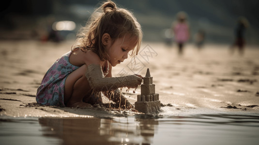 一个孩子在水边建造沙堡高清图片