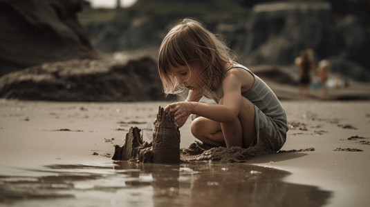 可爱沙堡在水边建造沙堡的孩子背景