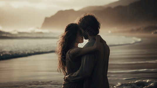 相爱的情侣在沙滩上拥抱图片