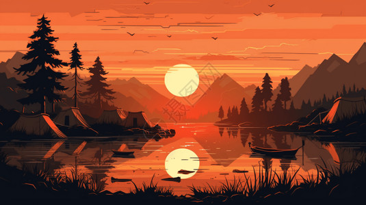 露营地的日落插画图片