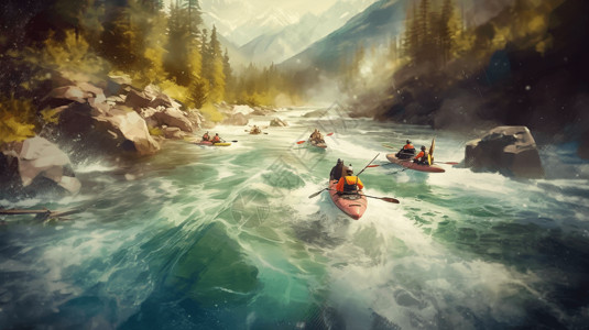湍急河流河中的皮划艇运动插画