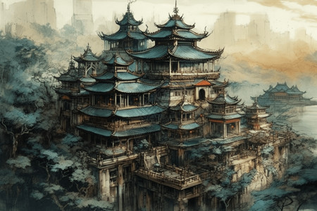 在山里的中国宫殿背景图片