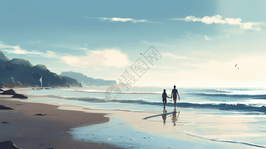 手牵手在海边漫步的夫妇背景图片