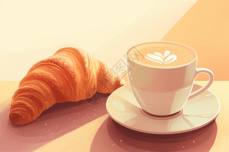 烘培面包设计饮品一杯咖啡和美味的面包插画