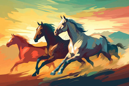 三匹马奔跑的三只马插画