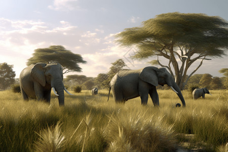 大象吃在草丛中的大象插画