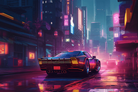 在照明之前未来主义自动驾驶汽车在霓虹灯照明的城市街道插画