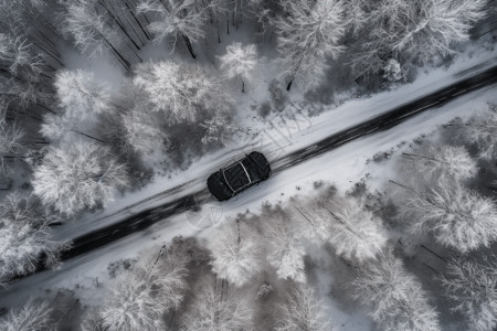 一辆汽车驶过冰雪覆盖的公园图片