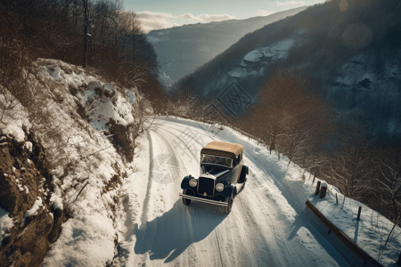 一辆车沿着雪山公路行驶图片