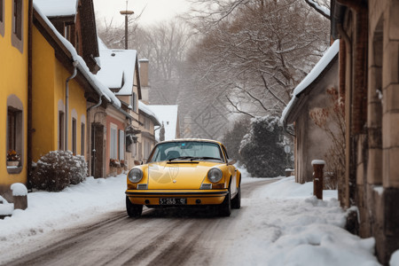一辆黄色跑车在雪地上行驶图片