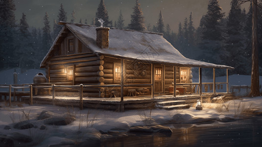 亮灯的房子冬天舒适的小屋插画