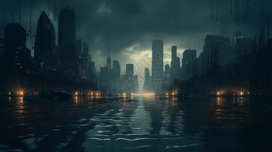 二进制代码淹没的城市图片