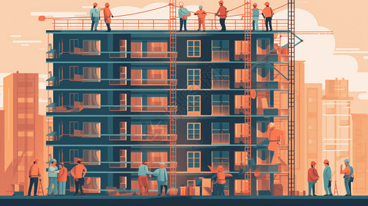 高层工作工人建筑工人在高层建筑平面插图插画
