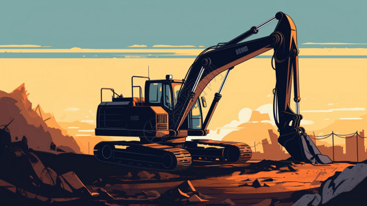 施工现场挖掘机的卡通插图背景图片