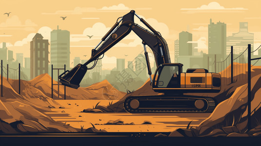 挖沟挖掘机在建筑工地插图插画
