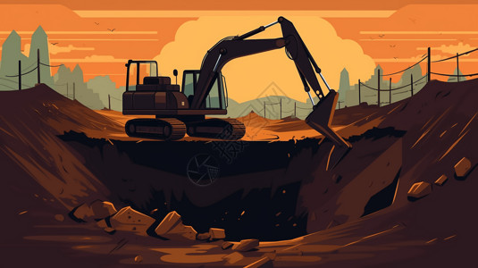 挖沟挖掘机在建筑工地作业插图插画