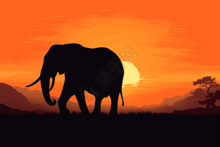 野生动物剪影日落草原上的大象插画