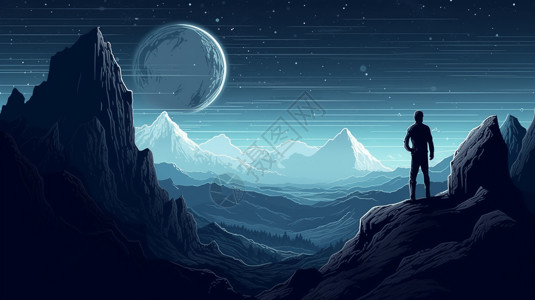 站在山峰上的人男孩站在落基山峰上凝视着星星插画