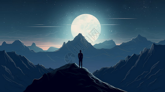 站在月亮上人夜间站在山峰上的人插画